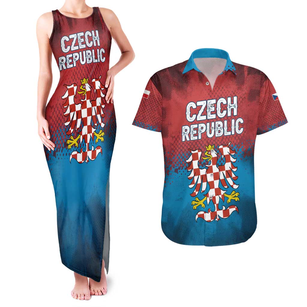 Czech Republic Couples Matching Tank Maxi Dress and Hawaiian Shirt with Blue Red Gradient Design and National Coat of Arms - Wonder Print Shop