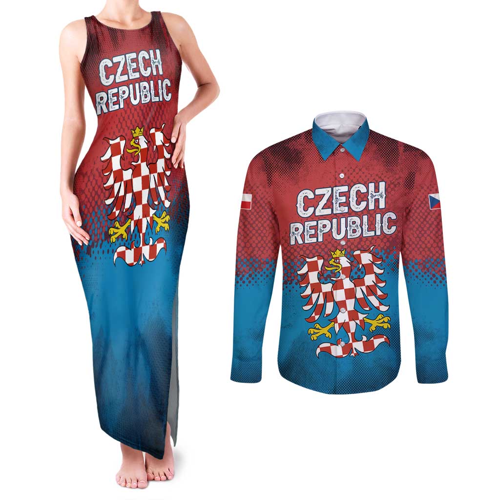 Czech Republic Couples Matching Tank Maxi Dress and Long Sleeve Button Shirt with Blue Red Gradient Design and National Coat of Arms - Wonder Print Shop