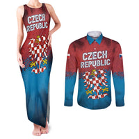 Czech Republic Couples Matching Tank Maxi Dress and Long Sleeve Button Shirt with Blue Red Gradient Design and National Coat of Arms - Wonder Print Shop