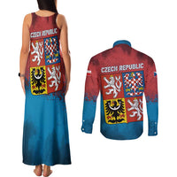 Czech Republic Couples Matching Tank Maxi Dress and Long Sleeve Button Shirt with Blue Red Gradient Design and National Coat of Arms - Wonder Print Shop