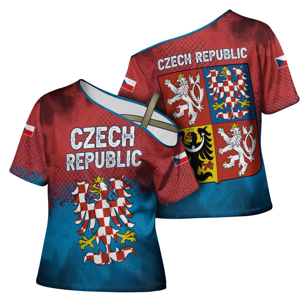 Czech Republic Cross Shoulder Shirt with Blue Red Gradient Design and National Coat of Arms - Wonder Print Shop
