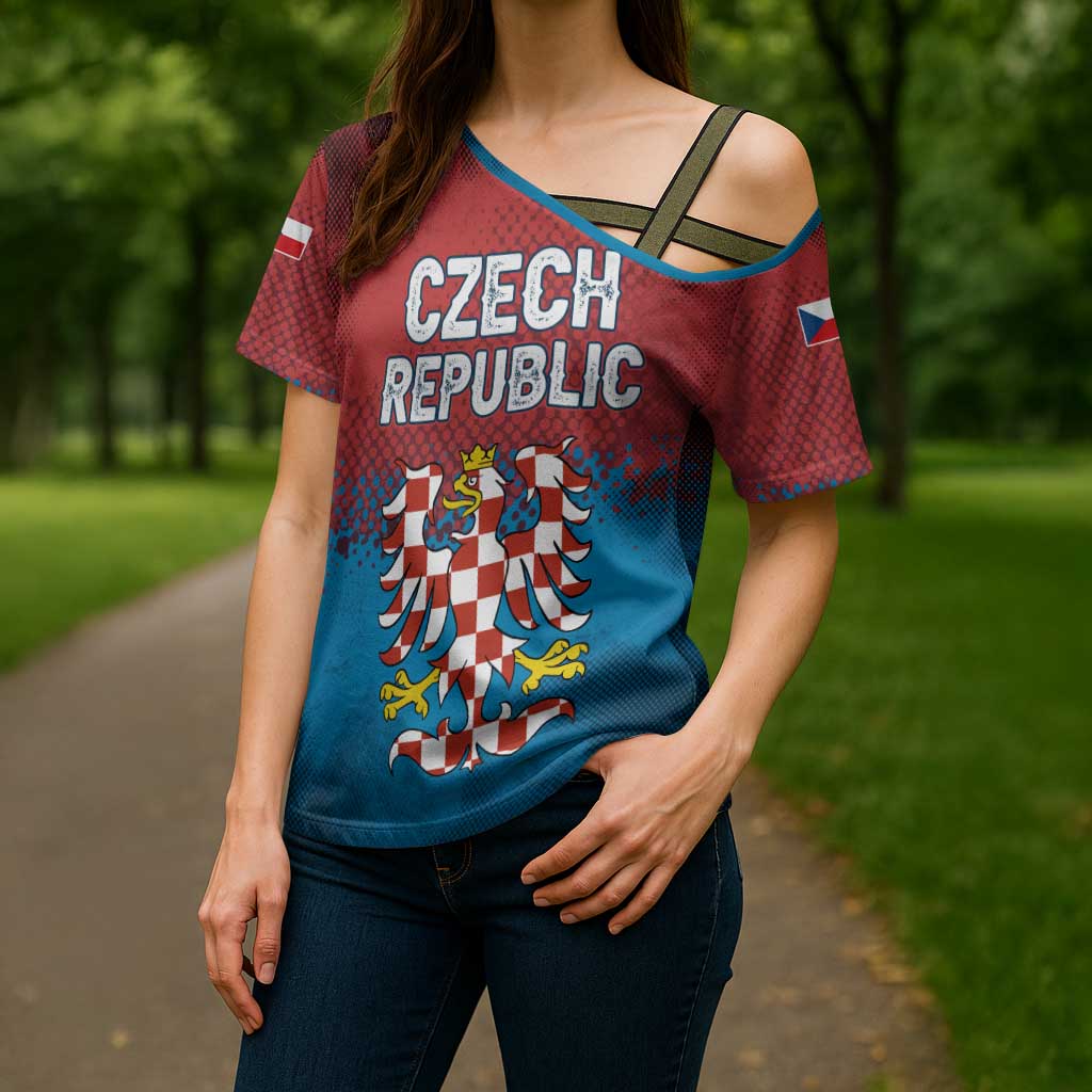 Czech Republic Cross Shoulder Shirt with Blue Red Gradient Design and National Coat of Arms - Wonder Print Shop