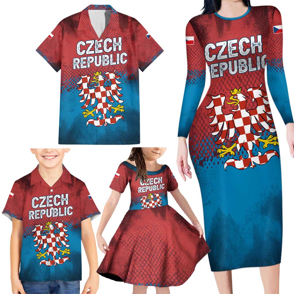 Czech Republic Family Matching Long Sleeve Bodycon Dress and Hawaiian Shirt with Blue Red Gradient Design and National Coat of Arms - Wonder Print Shop