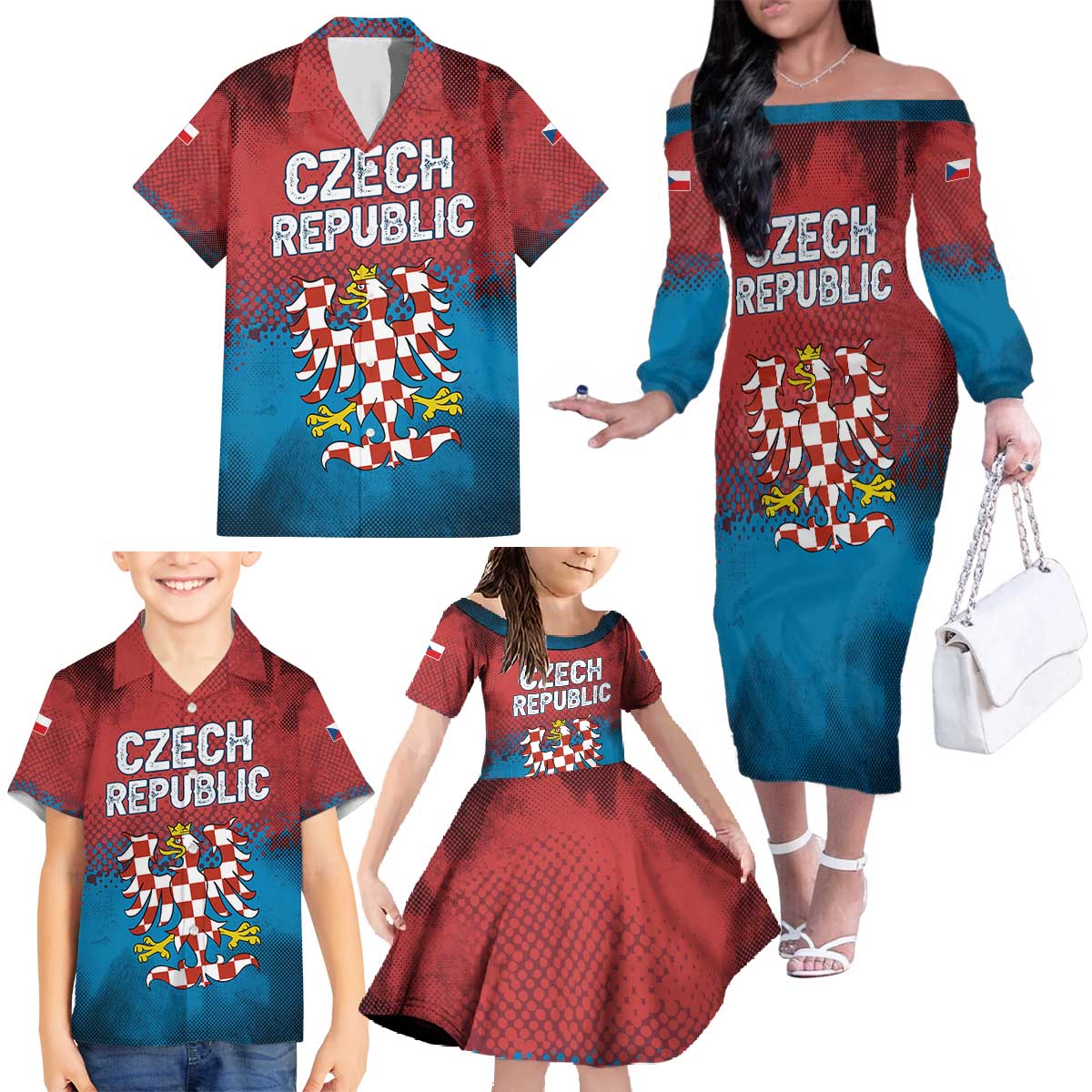 Czech Republic Family Matching Off The Shoulder Long Sleeve Dress and Hawaiian Shirt with Blue Red Gradient Design and National Coat of Arms - Wonder Print Shop