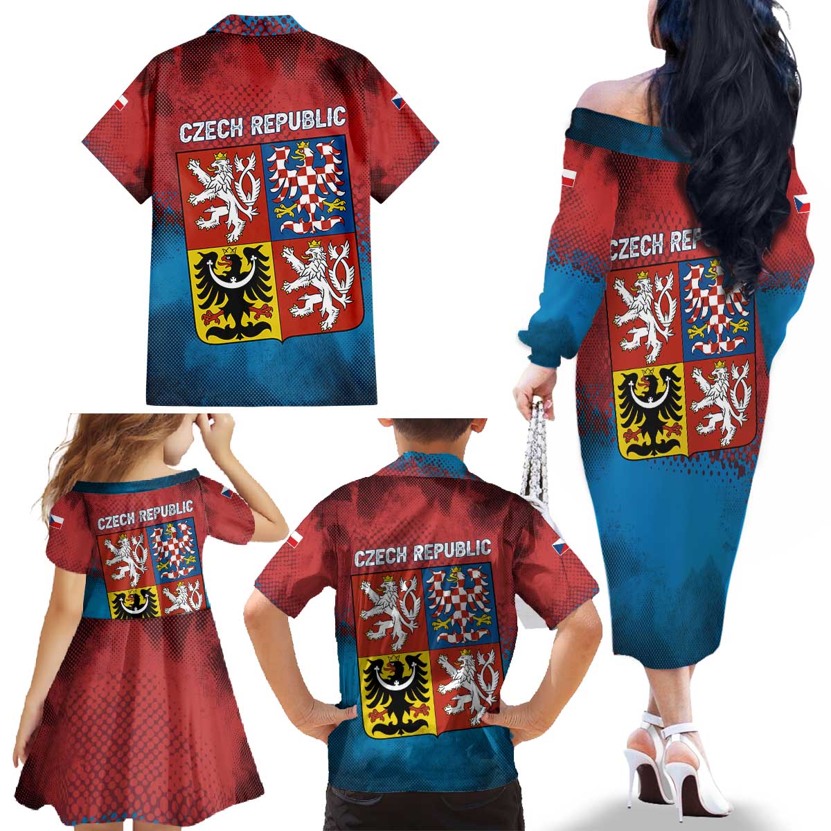 Czech Republic Family Matching Off The Shoulder Long Sleeve Dress and Hawaiian Shirt with Blue Red Gradient Design and National Coat of Arms - Wonder Print Shop