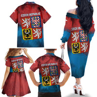 Czech Republic Family Matching Off The Shoulder Long Sleeve Dress and Hawaiian Shirt with Blue Red Gradient Design and National Coat of Arms - Wonder Print Shop