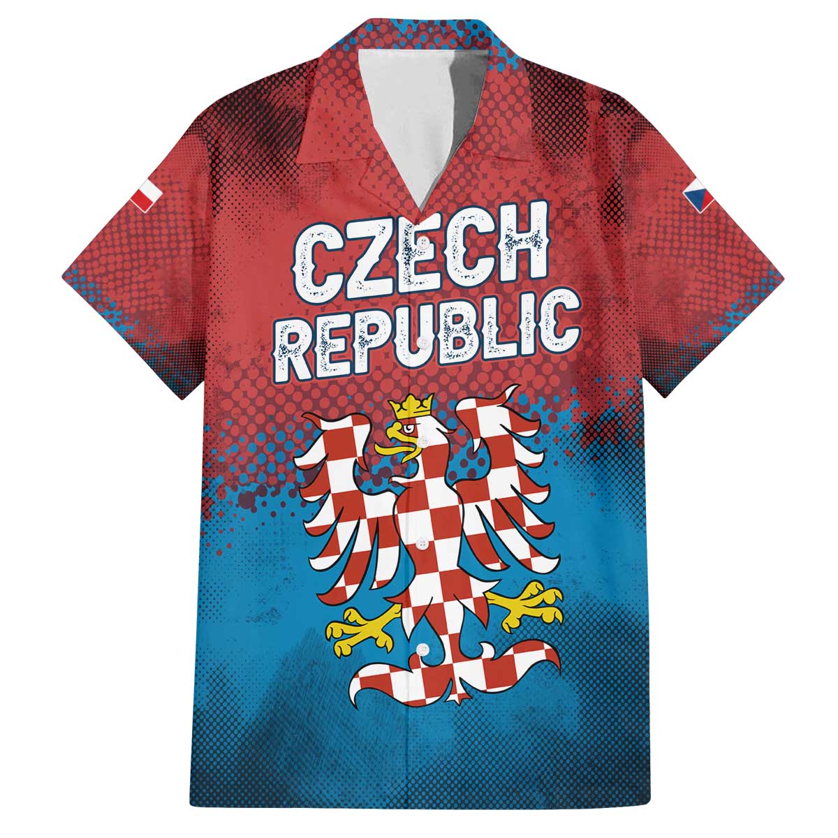 Czech Republic Family Matching Off The Shoulder Long Sleeve Dress and Hawaiian Shirt with Blue Red Gradient Design and National Coat of Arms - Wonder Print Shop
