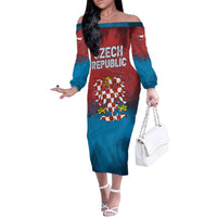 Czech Republic Family Matching Off The Shoulder Long Sleeve Dress and Hawaiian Shirt with Blue Red Gradient Design and National Coat of Arms - Wonder Print Shop