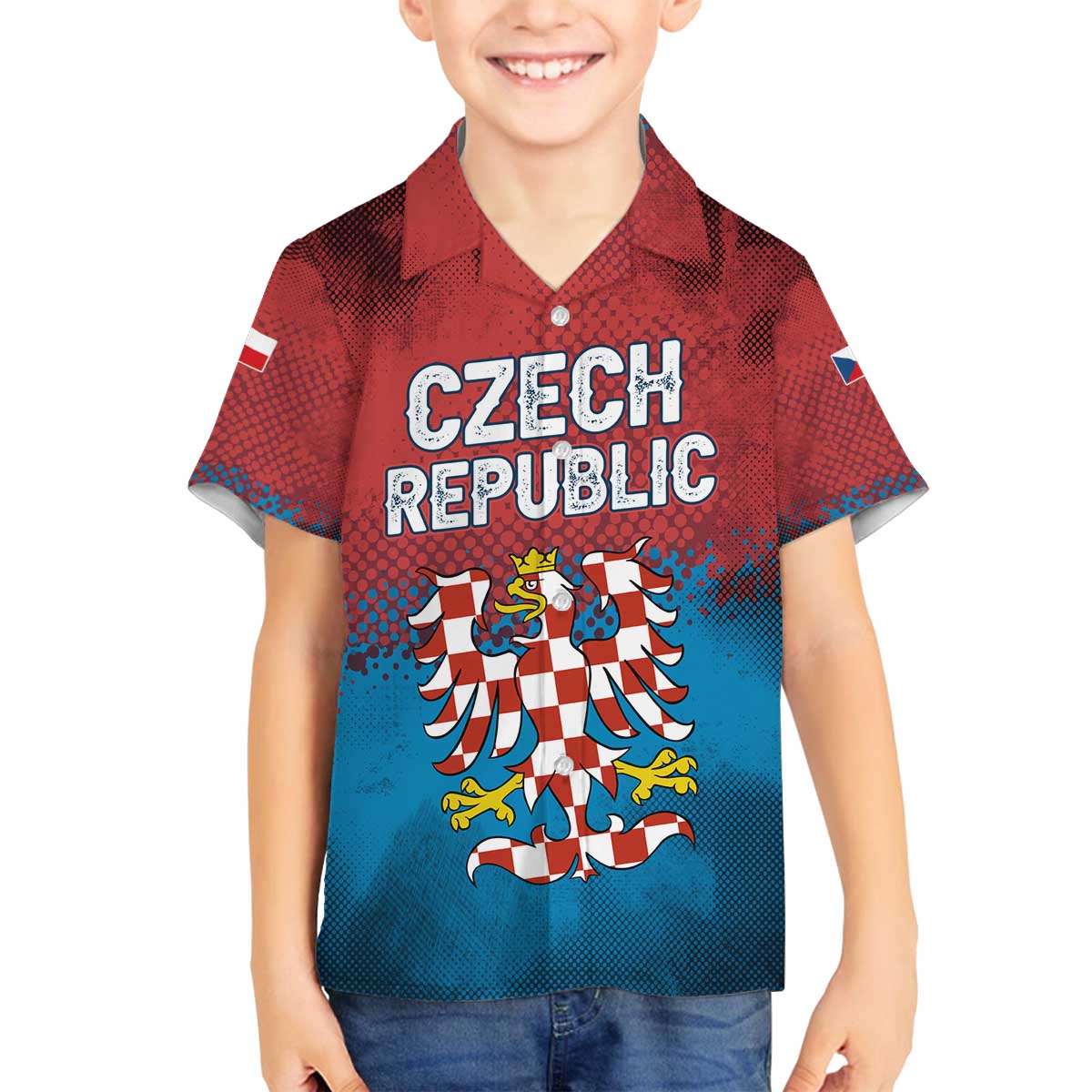 Czech Republic Family Matching Off The Shoulder Long Sleeve Dress and Hawaiian Shirt with Blue Red Gradient Design and National Coat of Arms - Wonder Print Shop