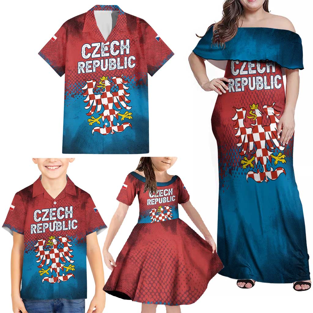 Czech Republic Family Matching Off Shoulder Maxi Dress and Hawaiian Shirt with Blue Red Gradient Design and National Coat of Arms - Wonder Print Shop