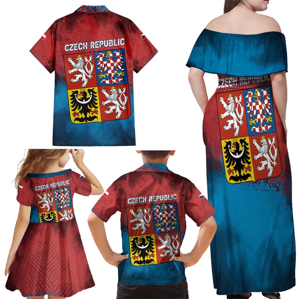 Czech Republic Family Matching Off Shoulder Maxi Dress and Hawaiian Shirt with Blue Red Gradient Design and National Coat of Arms - Wonder Print Shop