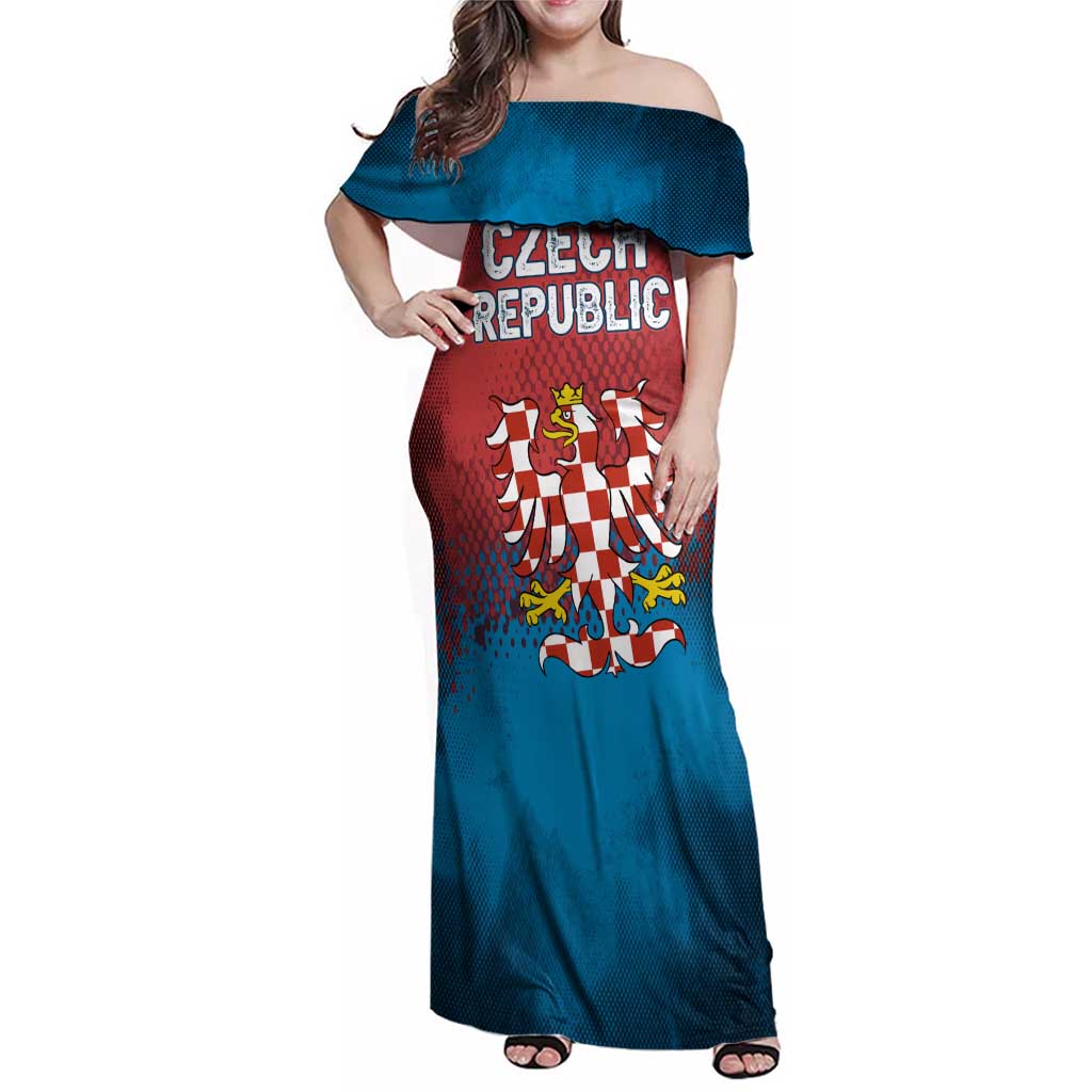 Czech Republic Family Matching Off Shoulder Maxi Dress and Hawaiian Shirt with Blue Red Gradient Design and National Coat of Arms - Wonder Print Shop