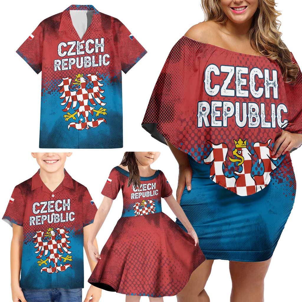 Czech Republic Family Matching Off Shoulder Short Dress and Hawaiian Shirt with Blue Red Gradient Design and National Coat of Arms - Wonder Print Shop