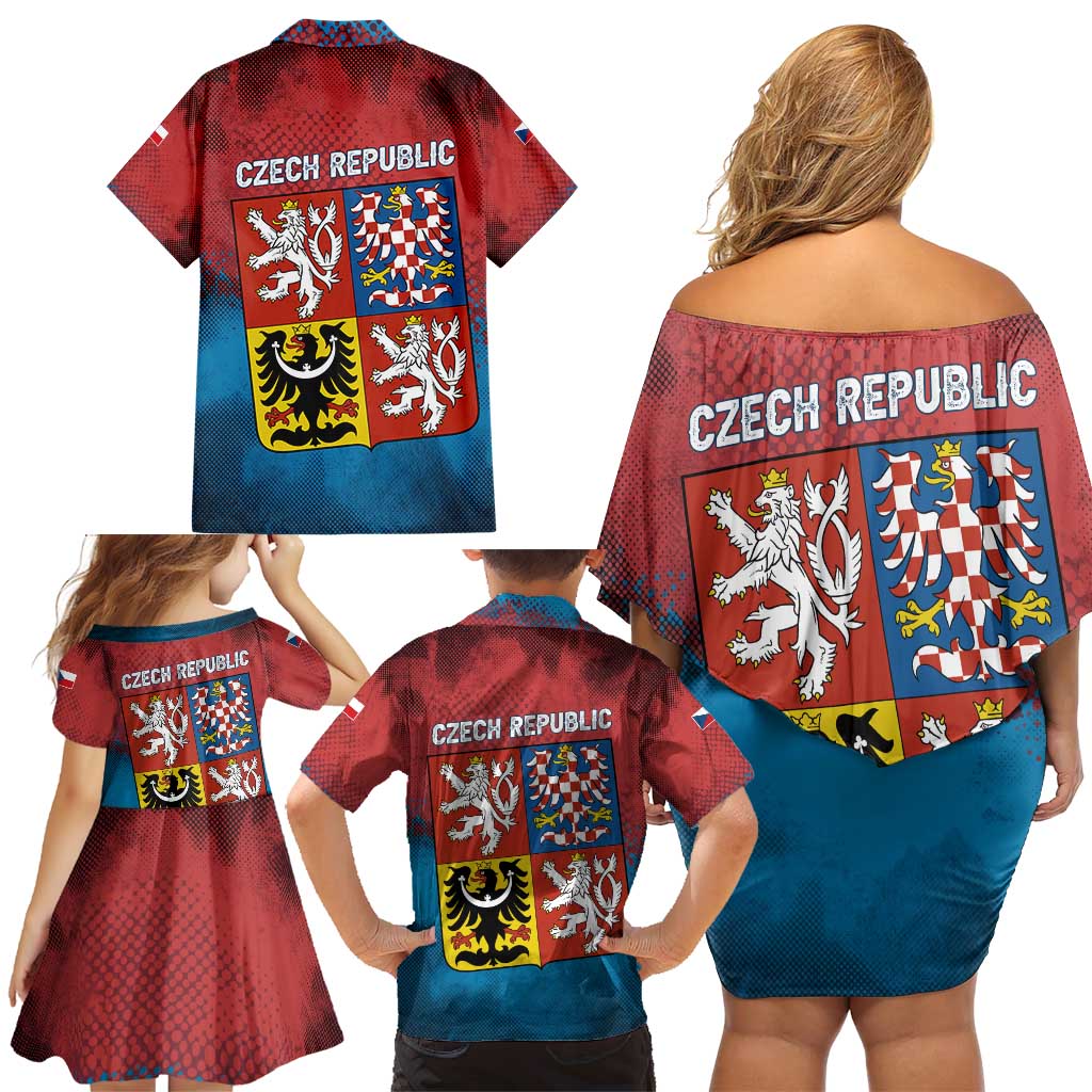Czech Republic Family Matching Off Shoulder Short Dress and Hawaiian Shirt with Blue Red Gradient Design and National Coat of Arms - Wonder Print Shop
