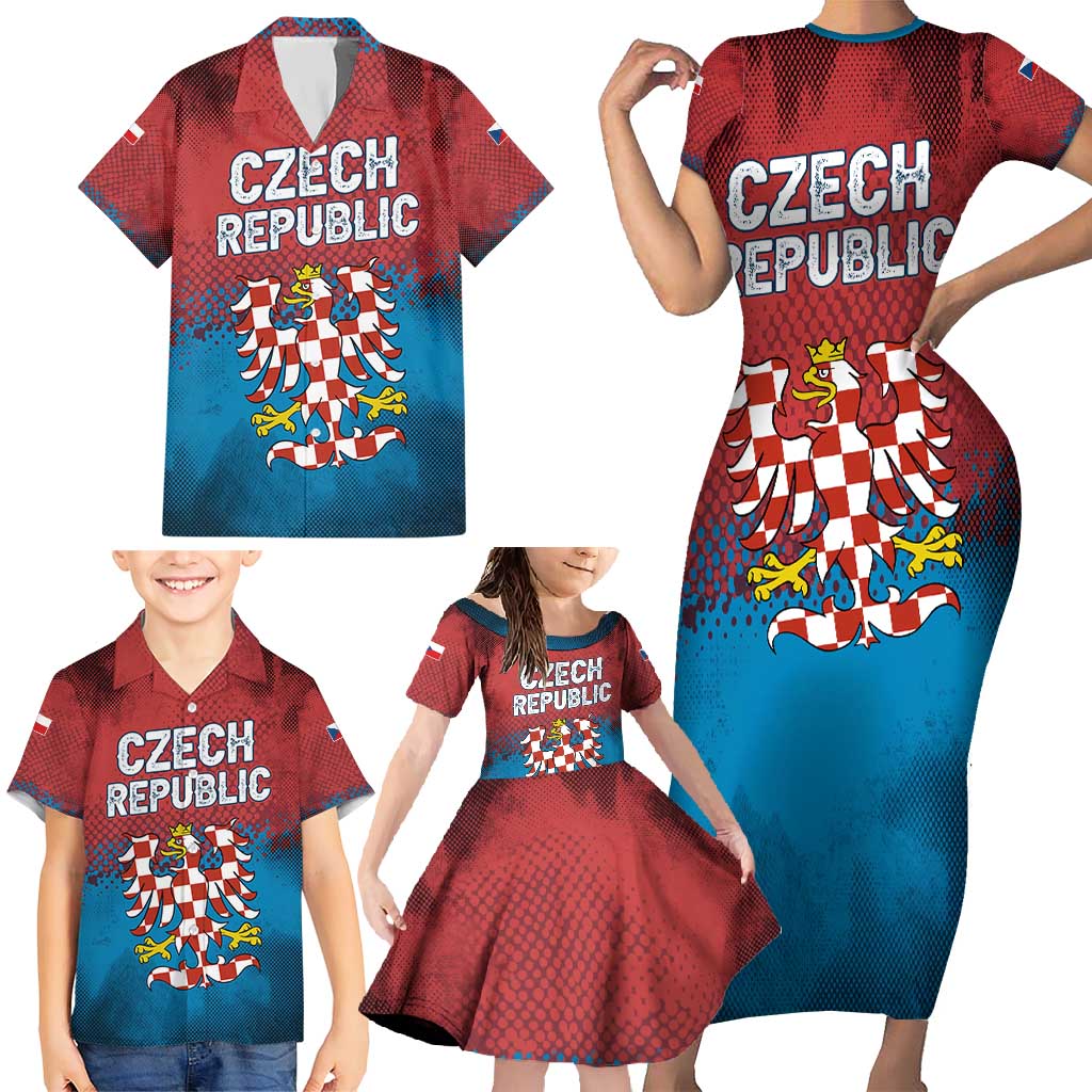 Czech Republic Family Matching Short Sleeve Bodycon Dress and Hawaiian Shirt with Blue Red Gradient Design and National Coat of Arms - Wonder Print Shop