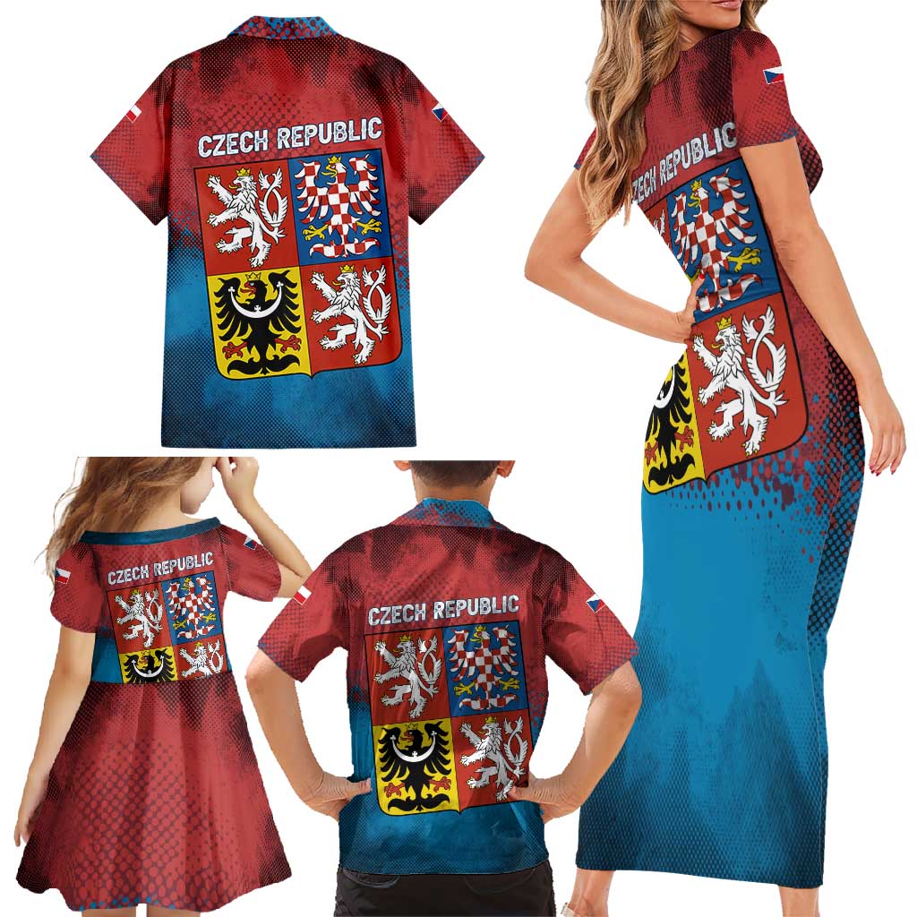 Czech Republic Family Matching Short Sleeve Bodycon Dress and Hawaiian Shirt with Blue Red Gradient Design and National Coat of Arms - Wonder Print Shop