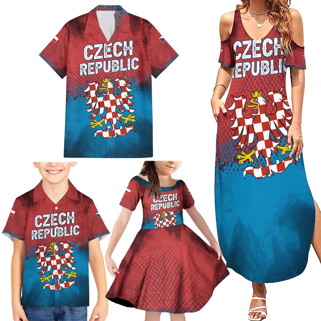 Czech Republic Family Matching Summer Maxi Dress and Hawaiian Shirt with Blue Red Gradient Design and National Coat of Arms - Wonder Print Shop