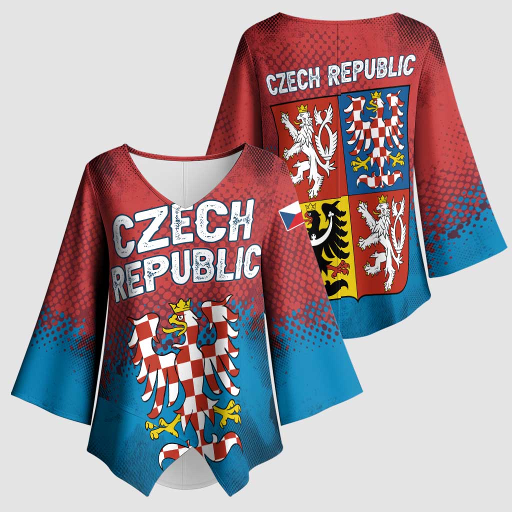 Czech Republic Kimono Sleeve Blouse with Blue Red Gradient Design and National Coat of Arms - Wonder Print Shop