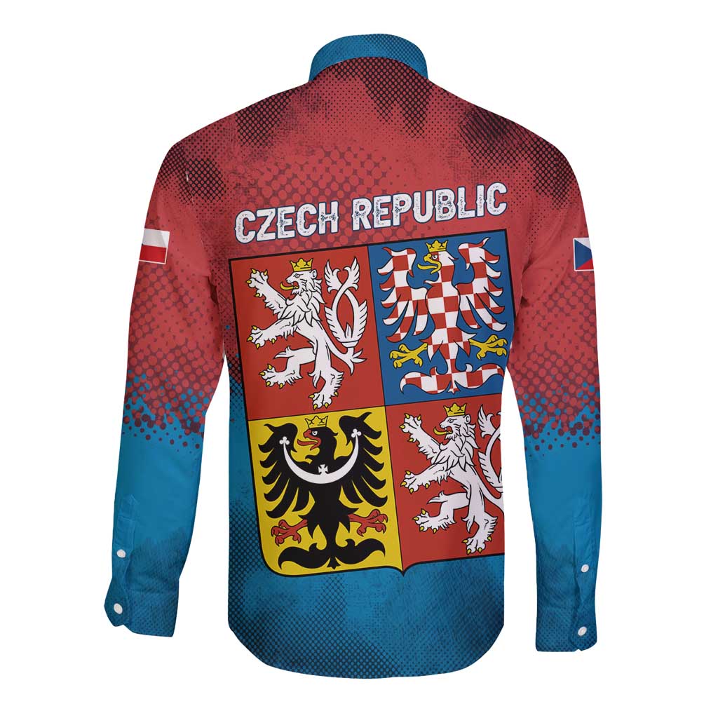 Czech Republic Long Sleeve Button Shirt with Blue Red Gradient Design and National Coat of Arms - Wonder Print Shop