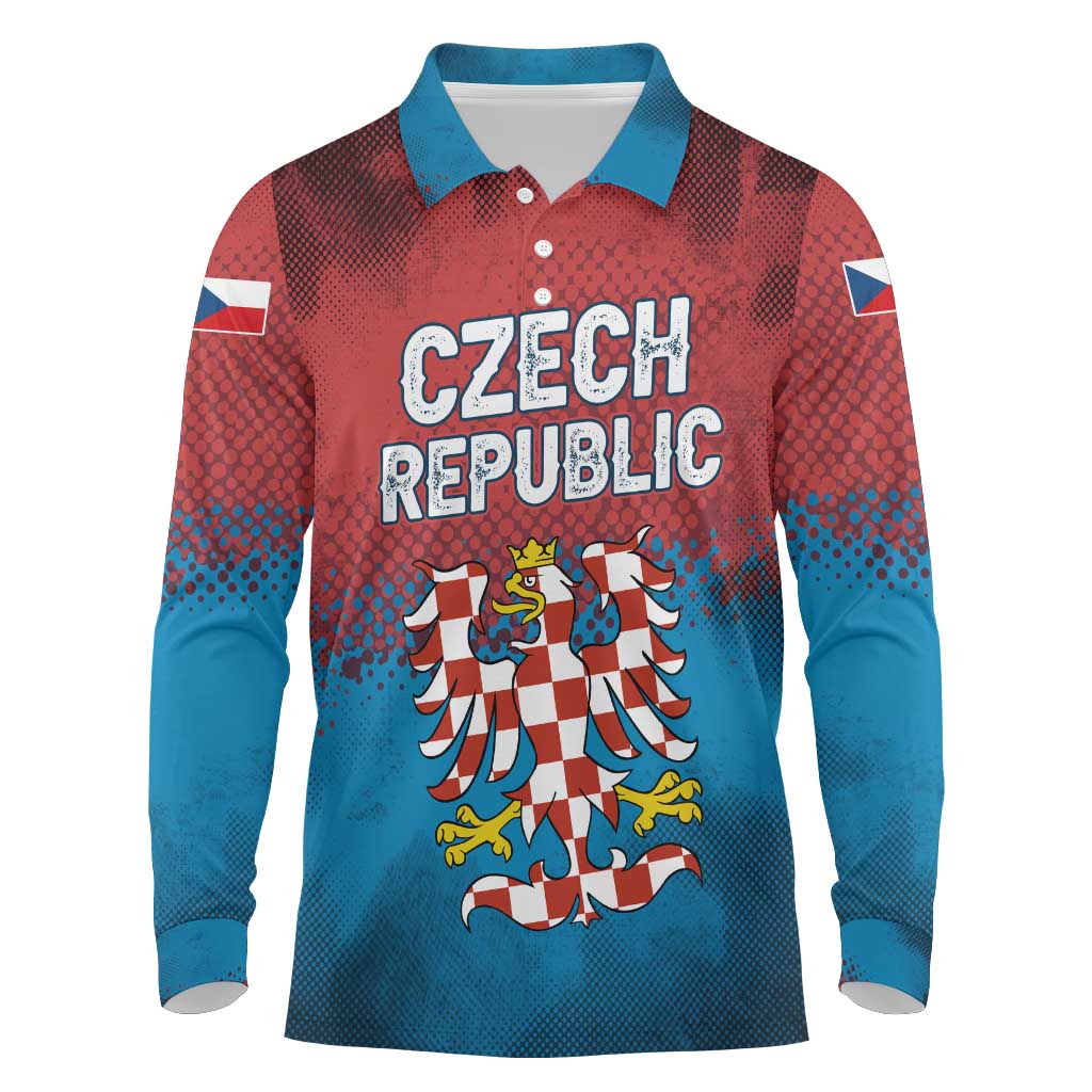 Czech Republic Long Sleeve Polo Shirt with Blue Red Gradient Design and National Coat of Arms - Wonder Print Shop