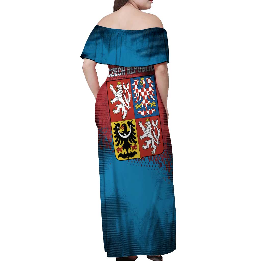 Czech Republic Off Shoulder Maxi Dress with Blue Red Gradient Design and National Coat of Arms - Wonder Print Shop
