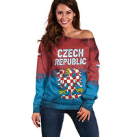Czech Republic Off Shoulder Sweater with Blue Red Gradient Design and National Coat of Arms - Wonder Print Shop