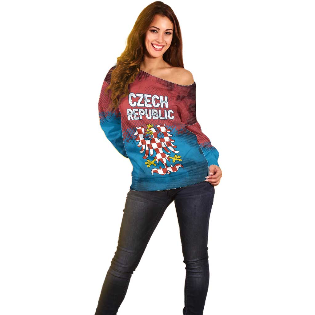 Czech Republic Off Shoulder Sweater with Blue Red Gradient Design and National Coat of Arms - Wonder Print Shop