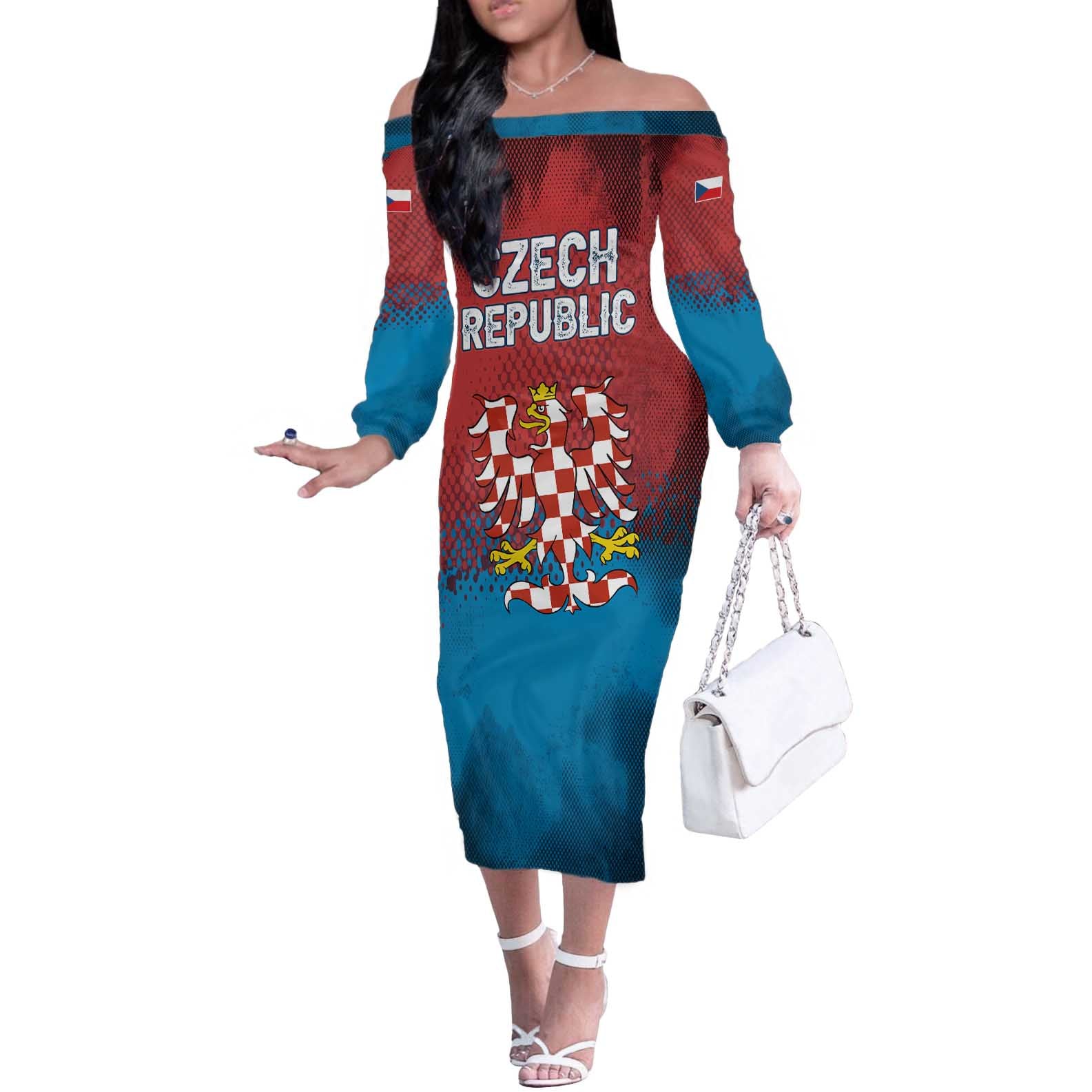 Czech Republic Off The Shoulder Long Sleeve Dress with Blue Red Gradient Design and National Coat of Arms - Wonder Print Shop