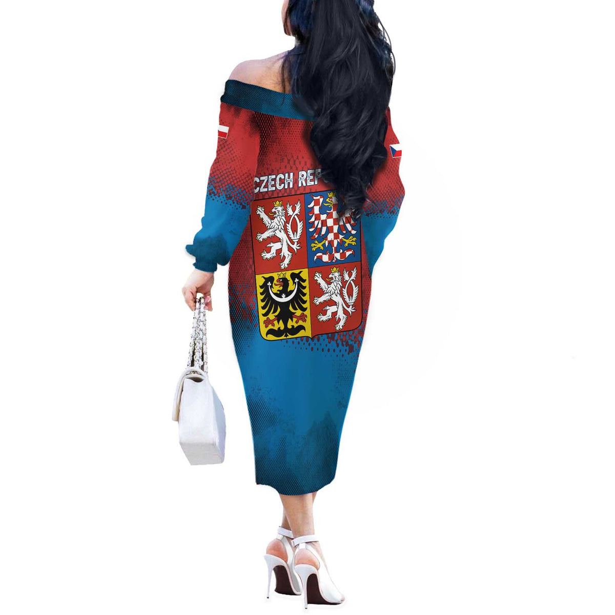 Czech Republic Off The Shoulder Long Sleeve Dress with Blue Red Gradient Design and National Coat of Arms - Wonder Print Shop