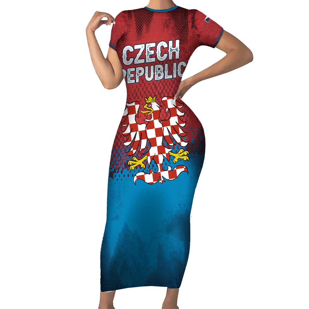 Czech Republic Short Sleeve Bodycon Dress with Blue Red Gradient Design and National Coat of Arms - Wonder Print Shop