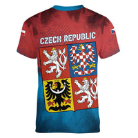 Czech Republic Women V-Neck T-Shirt with Blue Red Gradient Design and National Coat of Arms - Wonder Print Shop