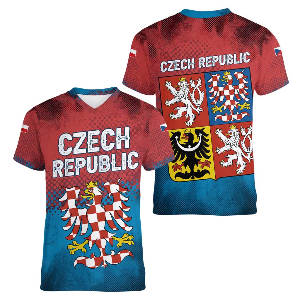 Czech Republic Women V-Neck T-Shirt with Blue Red Gradient Design and National Coat of Arms - Wonder Print Shop