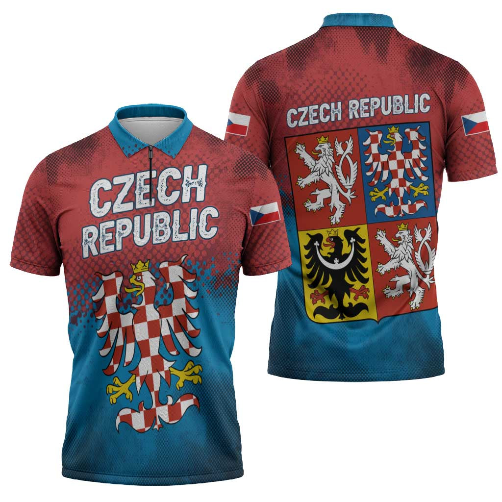 Czech Republic Zipper Polo Shirt with Blue Red Gradient Design and National Coat of Arms - Wonder Print Shop