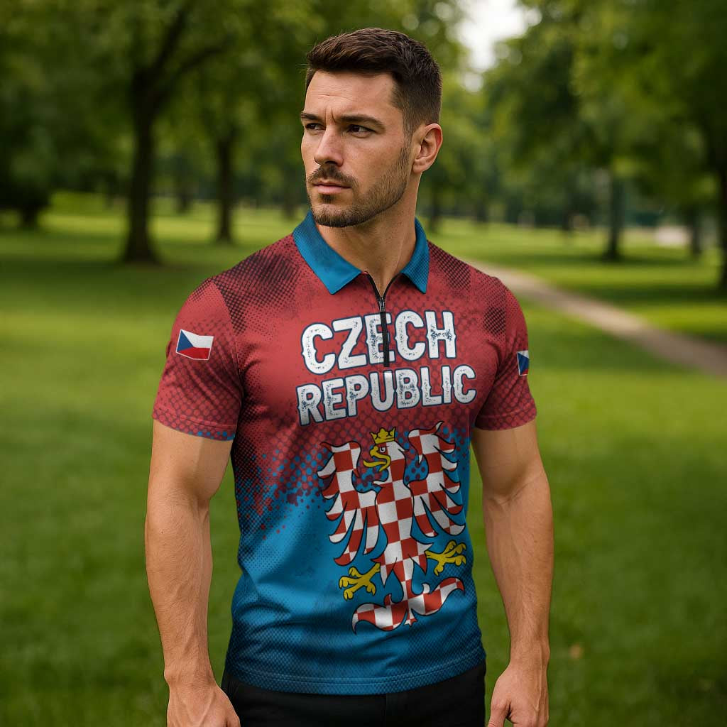 Czech Republic Zipper Polo Shirt with Blue Red Gradient Design and National Coat of Arms - Wonder Print Shop