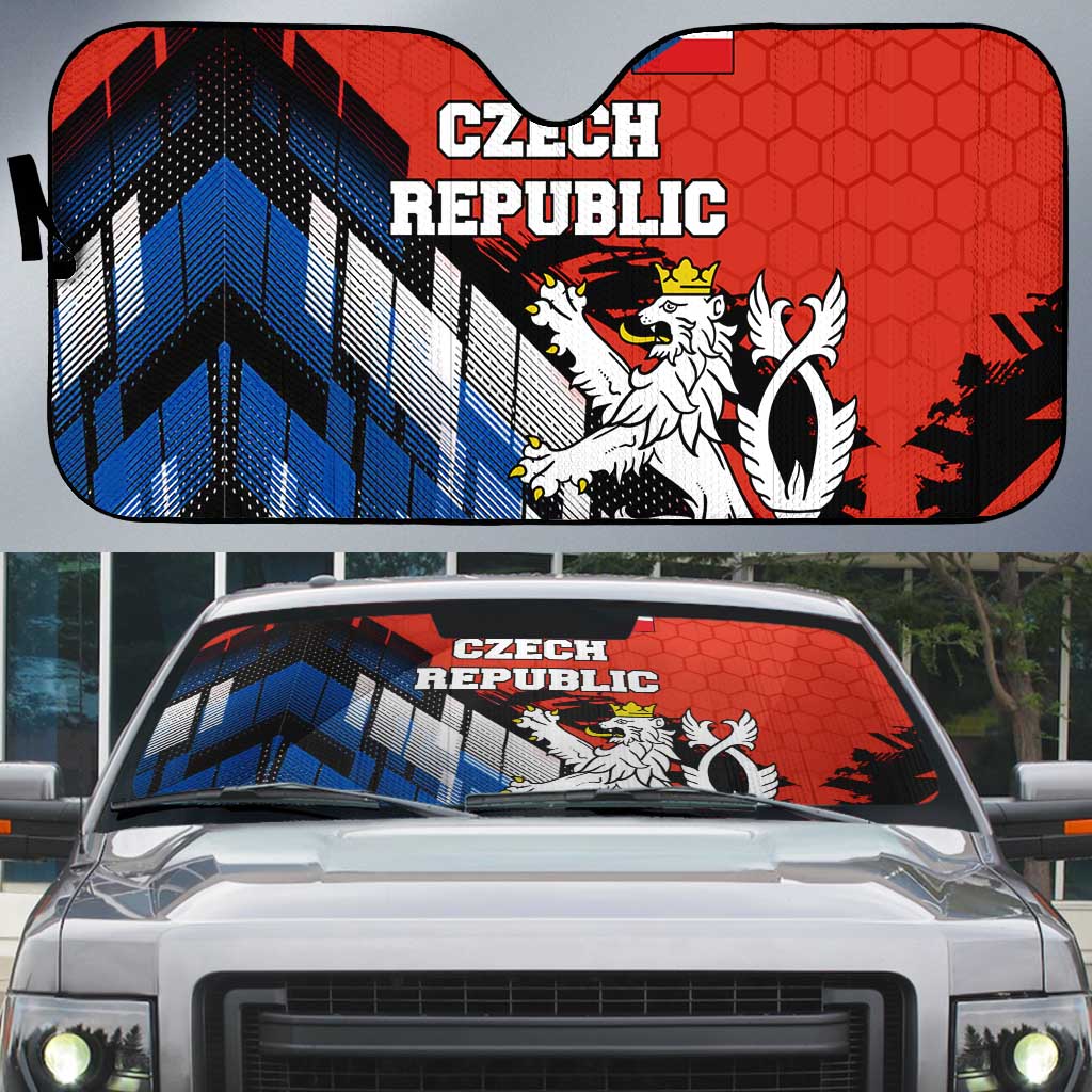 Czech Republic Auto Sun Shade with Red Black Blue Brushstroke Design and National Lion - Wonder Print Shop