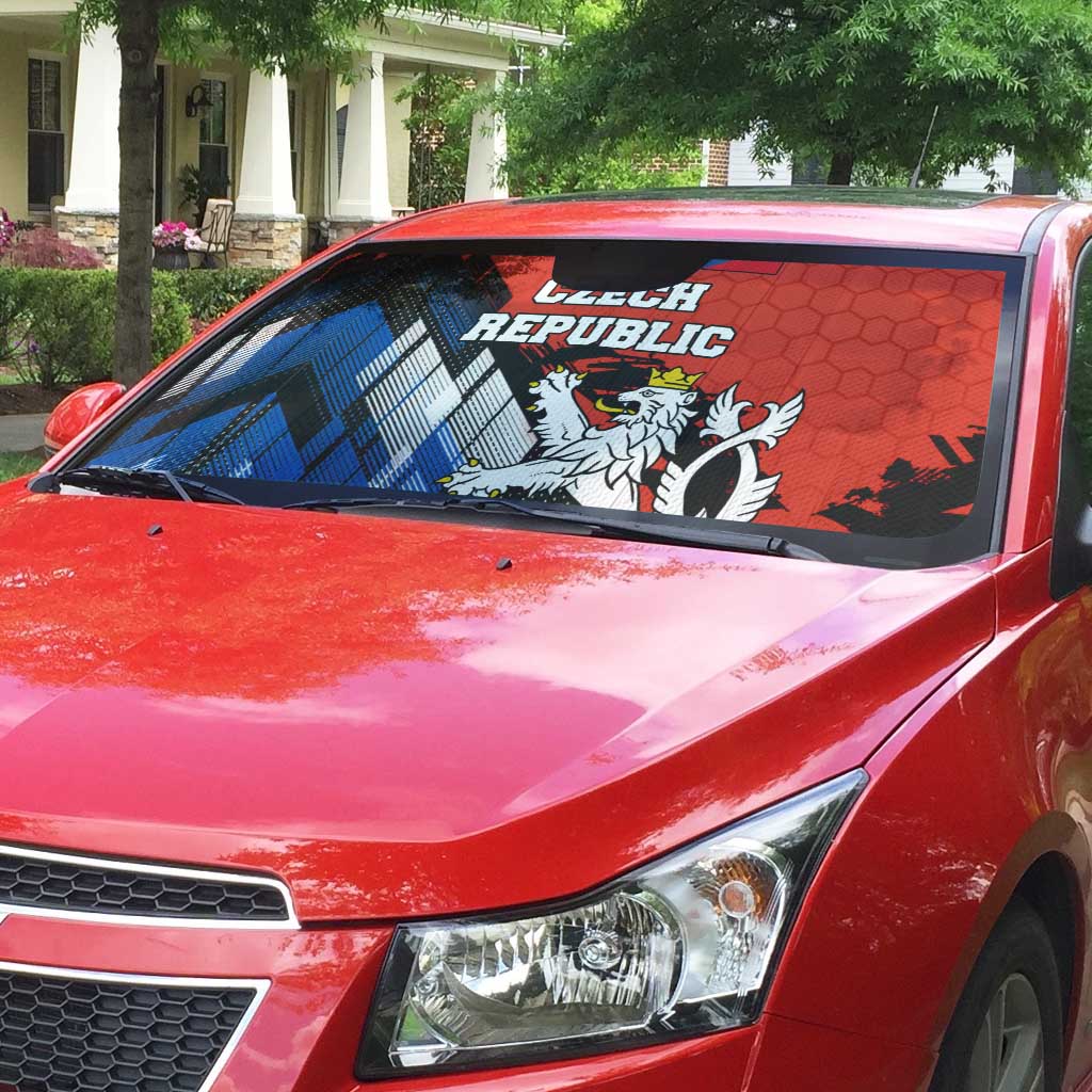 Czech Republic Auto Sun Shade with Red Black Blue Brushstroke Design and National Lion - Wonder Print Shop