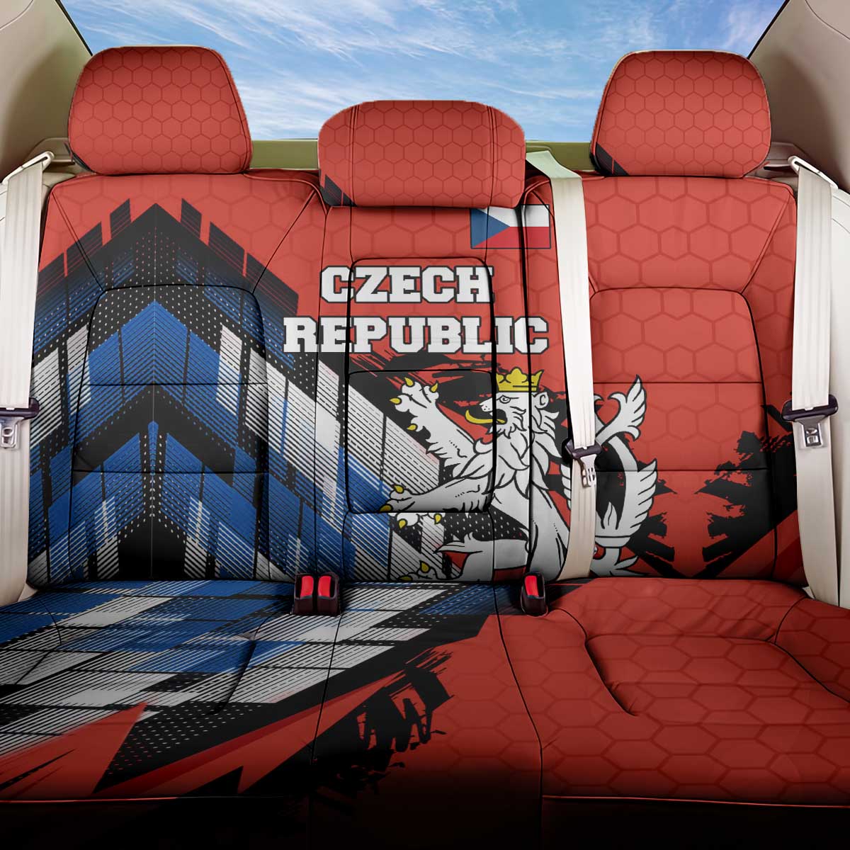 Czech Republic Back Car Seat Cover with Red Black Blue Brushstroke Design and National Lion - Wonder Print Shop