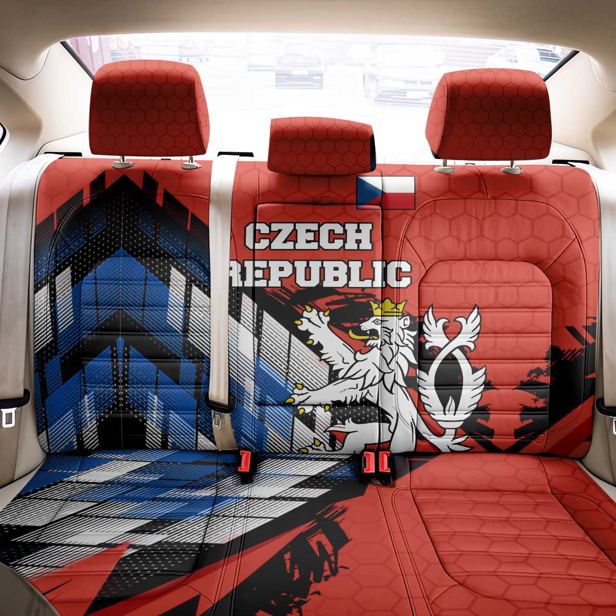 Czech Republic Back Car Seat Cover with Red Black Blue Brushstroke Design and National Lion - Wonder Print Shop