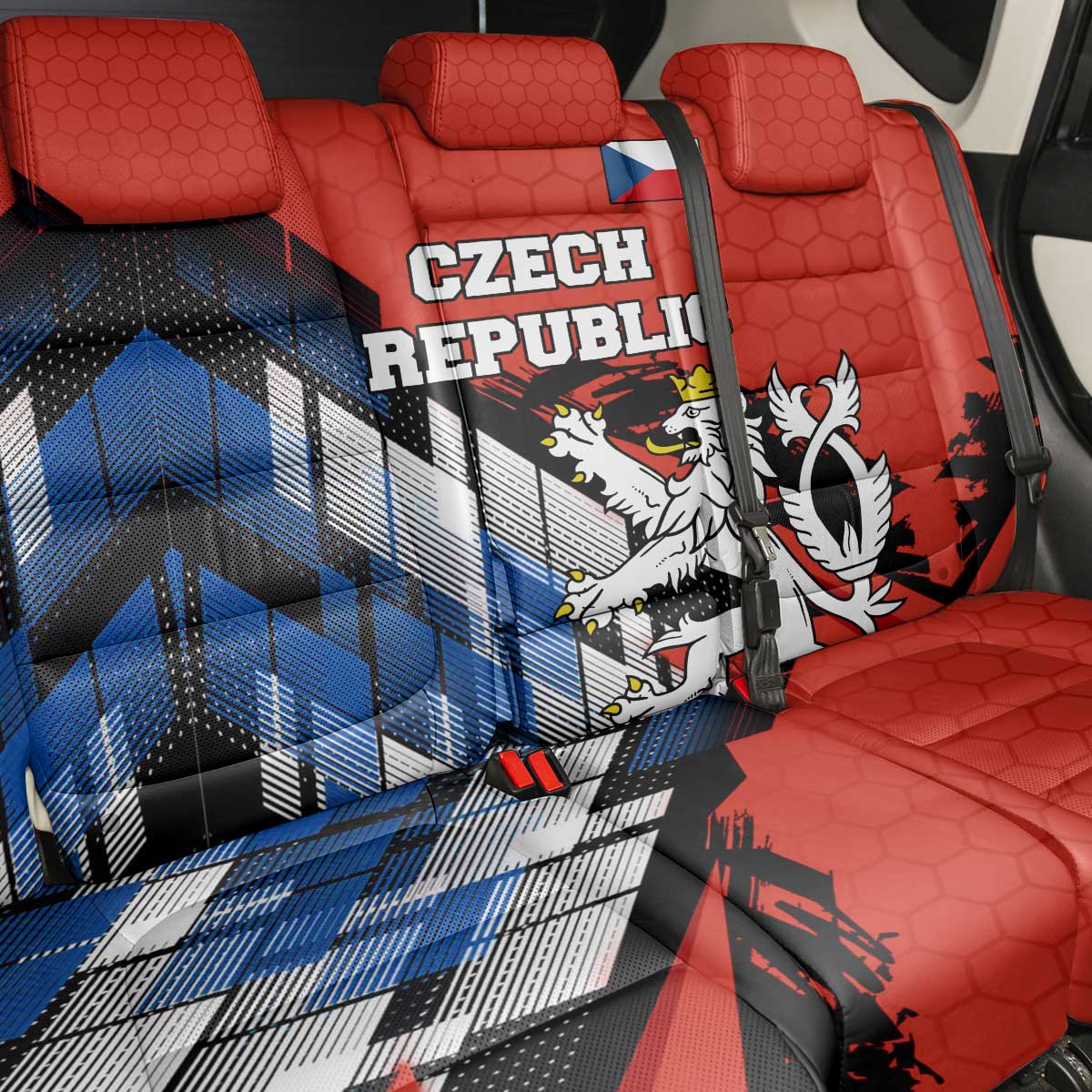 Czech Republic Back Car Seat Cover with Red Black Blue Brushstroke Design and National Lion - Wonder Print Shop