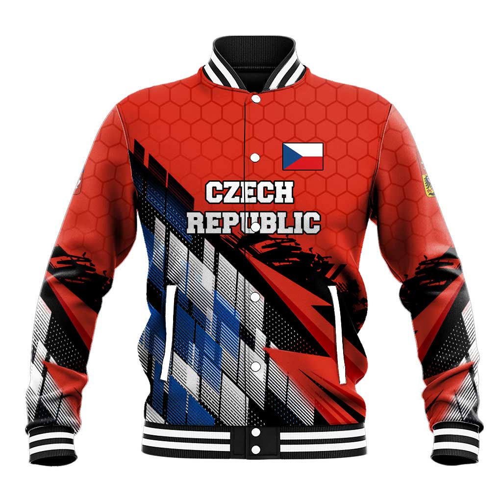 Czech Republic Baseball Jacket with Red Black Blue Brushstroke Design and National Lion - Wonder Print Shop