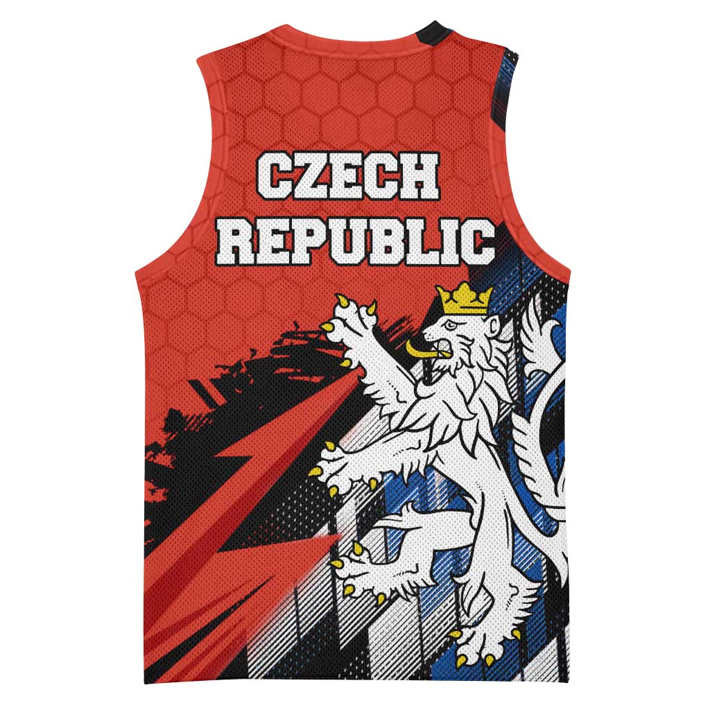 Czech Republic Basketball Jersey with Red Black Blue Brushstroke Design and National Lion - Wonder Print Shop
