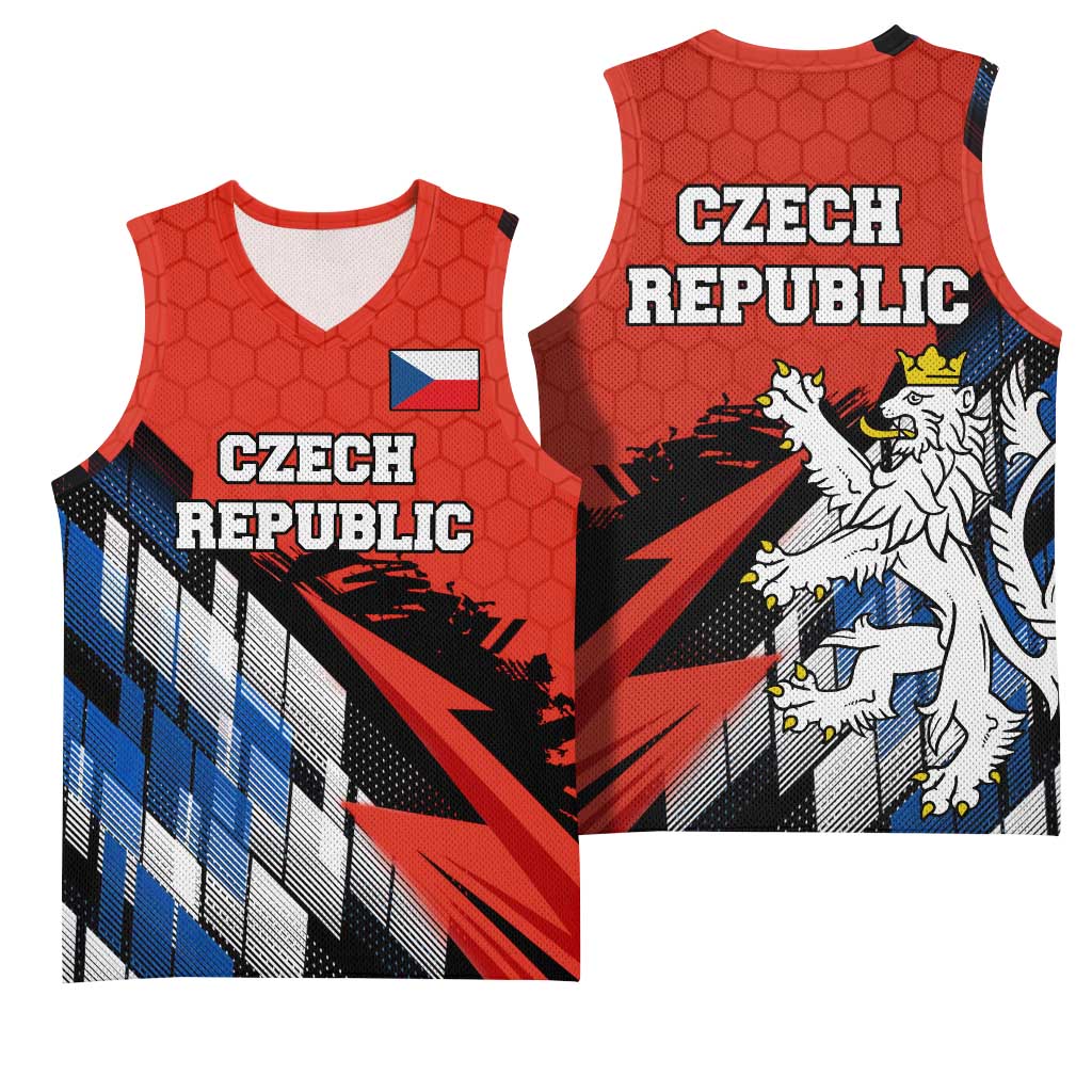 Czech Republic Basketball Jersey with Red Black Blue Brushstroke Design and National Lion - Wonder Print Shop