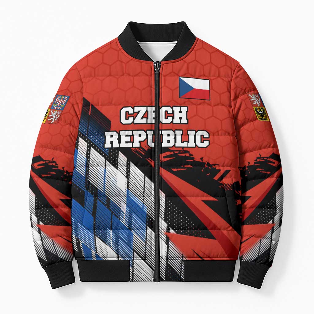 Czech Republic Bomber Puffer Jacket with Red Black Blue Brushstroke Design and National Lion - Wonder Print Shop