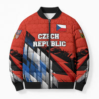 Czech Republic Bomber Puffer Jacket with Red Black Blue Brushstroke Design and National Lion - Wonder Print Shop