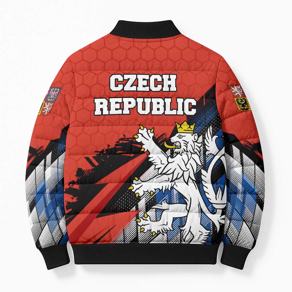 Czech Republic Bomber Puffer Jacket with Red Black Blue Brushstroke Design and National Lion - Wonder Print Shop
