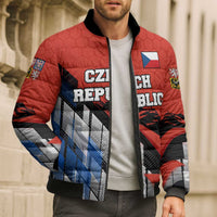 Czech Republic Bomber Puffer Jacket with Red Black Blue Brushstroke Design and National Lion - Wonder Print Shop
