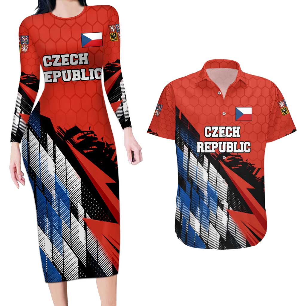 Czech Republic Couples Matching Long Sleeve Bodycon Dress and Hawaiian Shirt with Red Black Blue Brushstroke Design and National Lion - Wonder Print Shop