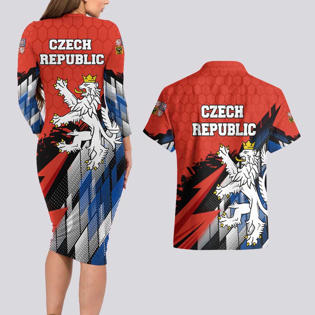 Czech Republic Couples Matching Long Sleeve Bodycon Dress and Hawaiian Shirt with Red Black Blue Brushstroke Design and National Lion - Wonder Print Shop
