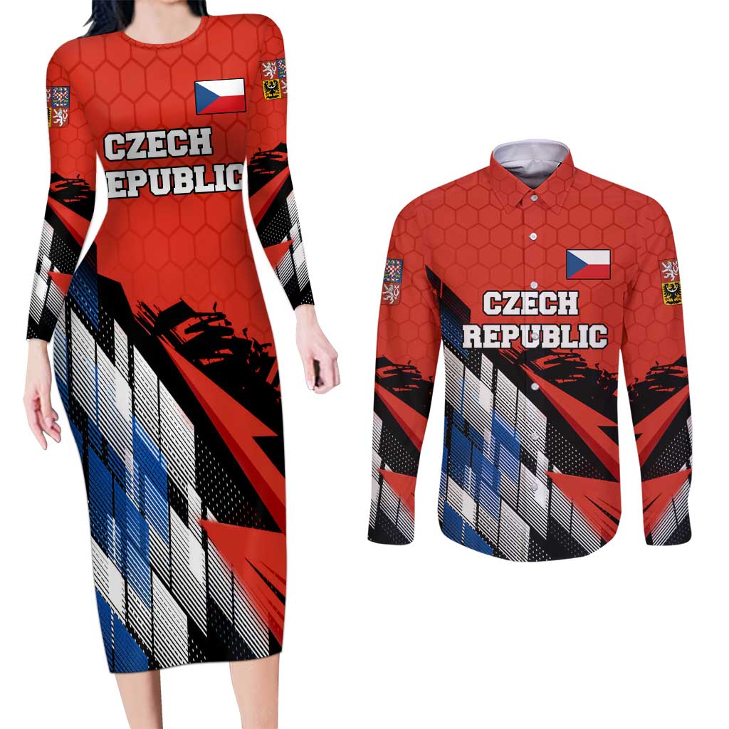 Czech Republic Couples Matching Long Sleeve Bodycon Dress and Long Sleeve Button Shirt with Red Black Blue Brushstroke Design and National Lion - Wonder Print Shop