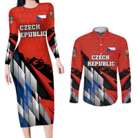 Czech Republic Couples Matching Long Sleeve Bodycon Dress and Long Sleeve Button Shirt with Red Black Blue Brushstroke Design and National Lion - Wonder Print Shop